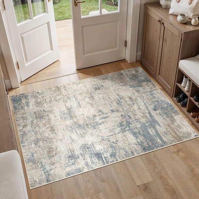 cotiled 3x5 Washable Rug Abstract Soft Non Slip Entryway Rugs | Stain Resistant, Robot Vacuum & Pet Friendly, Low-pile, For Living Room, Bedroom, Dining Table, Nursery Light Blue