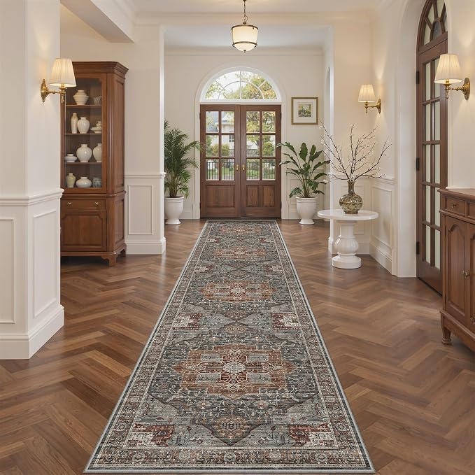 Roxstand Washable 2.6x10 Hallway Runner Rug, Grey/Brown/Tan | Low-Pile Carpet, Non-slip Backing,10ft Runner, Stain Resistant, Runner for Kitchen, Laundry Room, Entryway, Vintage Design