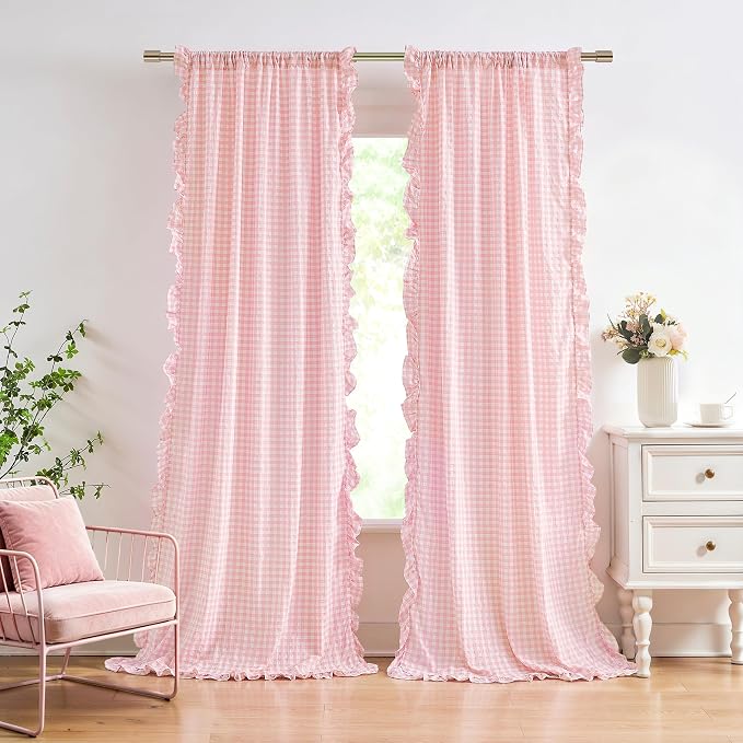 ZJDECOR Blush Pink Crinkle Buffalo Plaid Window Curtains 72 Inches Length | Not-See-Through Sheer Ruffle Panels for Girls Room,Farmhouse Bedroom Living Room Window Treatment,Rod Pocket,40"Wx72"Lx2