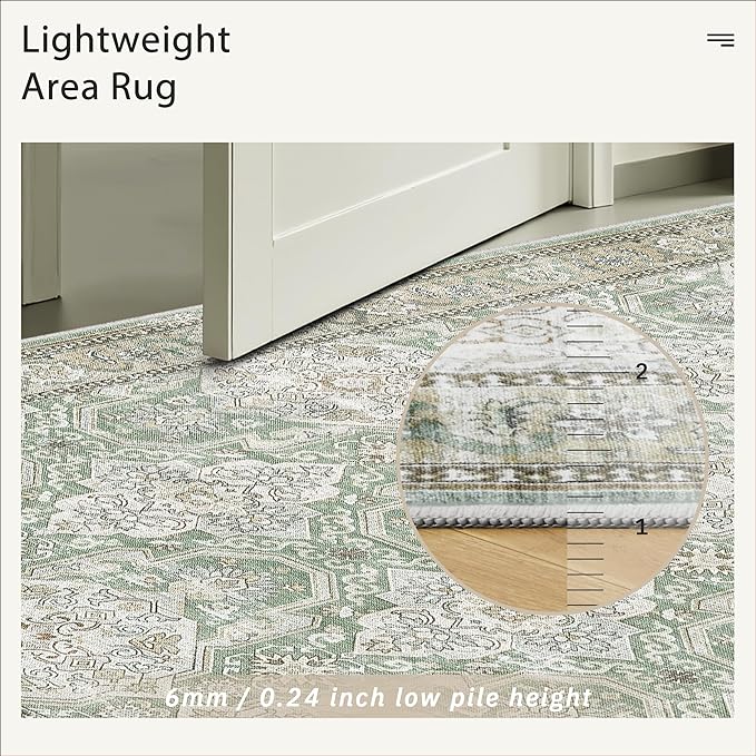 Soalmost 10x14 Area Rugs for Living Room, Non Slip Machine Washable Vintage Rugs, Low Pile Lightweight Large Rug for Bedroom, Dining Room, Home Office Green/Brown