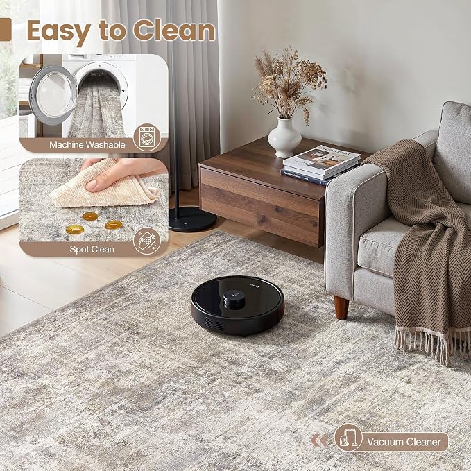 cotiled Washable 7x9 Area Rug for Living Room - Modern Abstract Carpet with Non-Slip Backing, Low Pile & Soft, Stain Resistant, Kid & Pet Friendly Decor for Bedroom & Dining Room - Brown Grey