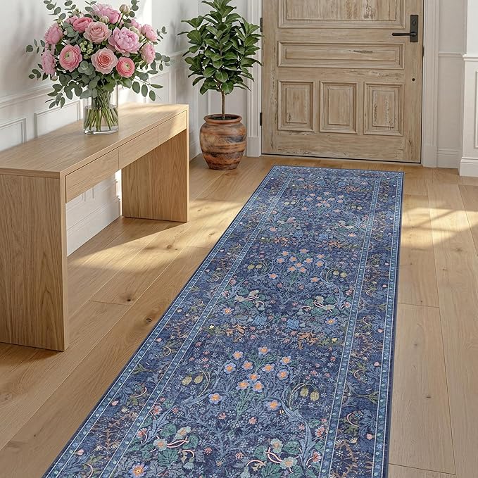 Hazo Haus Non Slip 2x6 Dark Blue Kitchen Runner Rug - Long Runner Rugs 24 x 72 Washable Hallway Floor Mat, Bedroom Laundry Room Bathroom Runner - Dusky Navy Vintage Floral Design Décor