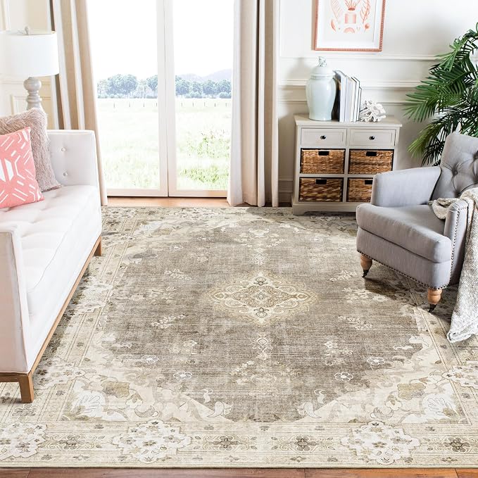 MUJOO 6x9 Area Rugs,Beige Rug Washable Non Slip Low-Pile Floral Large | Machine Washable Throw Carpet for Living Room Bedroom Dining Room Boho Soft Indoor Vintage Bohemian Flowers