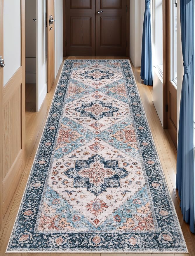 SERISSA Boho Washable Runner Rug, 2'6"x10' Long Non-Slip Vintage Blue Orange Hallway Kitchen Stair Runner Rug Ultra Soft Print Distressed Floor Carpet for Bedroom Bathroom Laundry Room