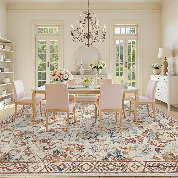 Deerly Beige Colorful Rugs 8x10 for Living Room Soft Non-Slip, Large Vintage Floral Area Rug Retro Tribal Farmhouse Stain Resistant Carpet for Bedroom Dining Room Office Guest Room