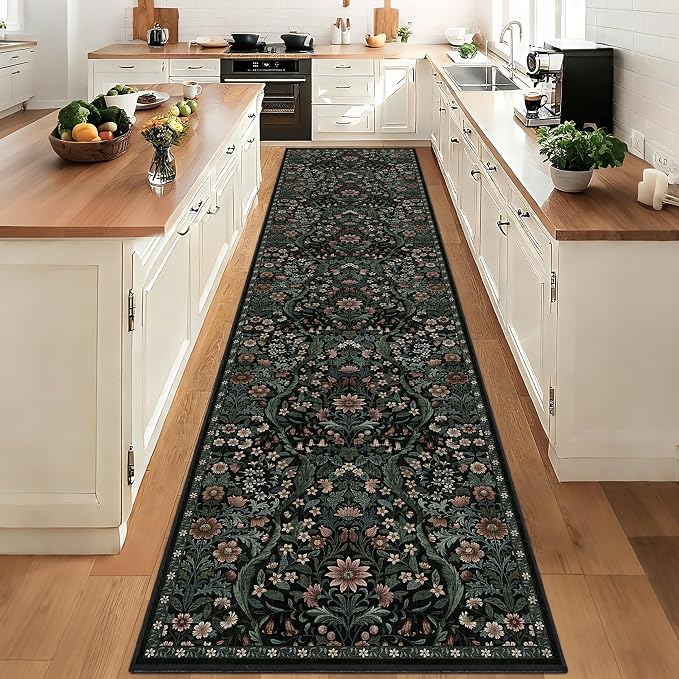 3x12 Washable Runner Rug,Black Floral Long Rugs for Hallway,Low-Pile Non-Slip Stain Resistant Boho Carpet for Kitchen, Bedside,Laundry Room,Entryway