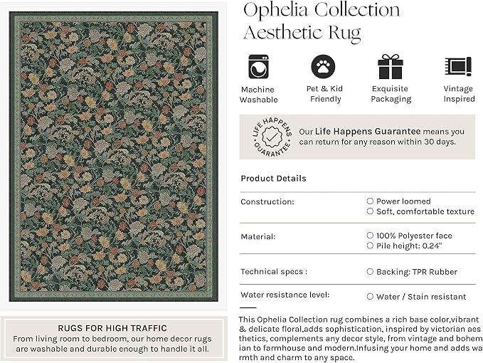 HUGEAR Retro 2x3 Area Rugs Washable Small Entryway Rugs Door Mat Vintage Floral Throw Carpet Dark Green Stain Resistant Non Slip Low Pile for Home Aesthetic Modern Decor
