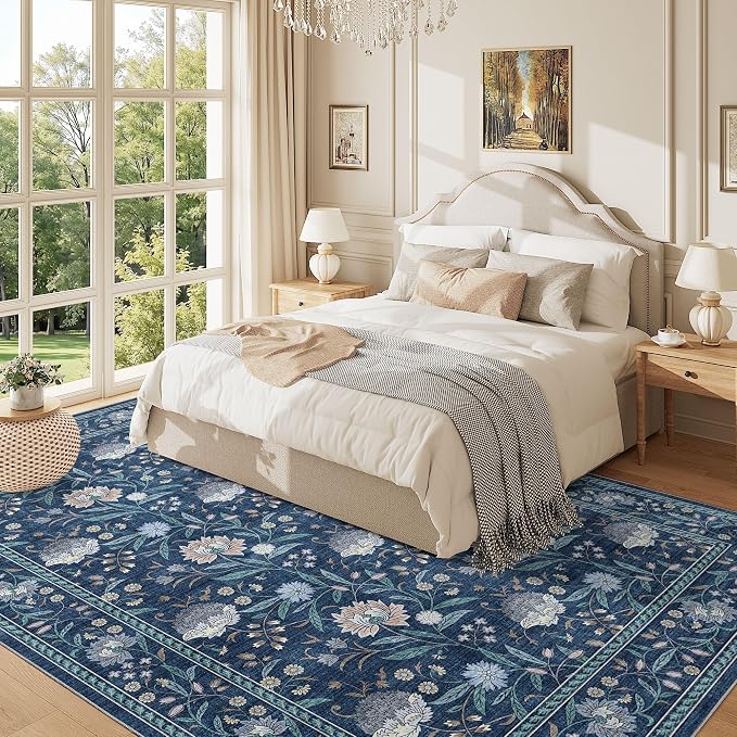 DUKINO 6x9 Area Rug, Vintage Floral Washable Rugs for Living Room Dark Blue | Non Slip, Low Pile, Non-Shedding, Stain Resistant Soft Large Carpet for Bedroom Home Office Dining Room Farmhouse, Home Decor