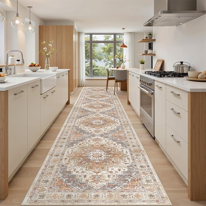 2'6" x 16'Non Slip Runner Rugs - Runners for hallways, Kitchen,Entryway,Stain Resistant Washable Rugs for Bedroom, Indoor Vintage Area Rugs (Turmeric/Grey,2'6" x 16')