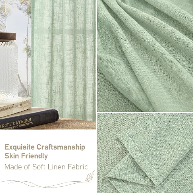 LAMIT Sheer Linen Curtains for Living Room, Back Tab and Rod Pocket Curtains Light Filtering Country Rustic Farmhouse Drapes for Bedroom/Farmhouse, 2 Panels, 52 x 102 Inch, Fresh Green