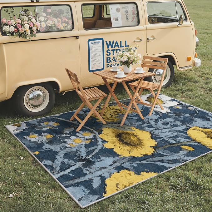 GENIMO 5x8 Outdoor Rug, Washable for Patio and Deck, Navy Yellow | Floral design for porch; fade resistant chenille with quick-dry non-slip backing for indoor sunroom