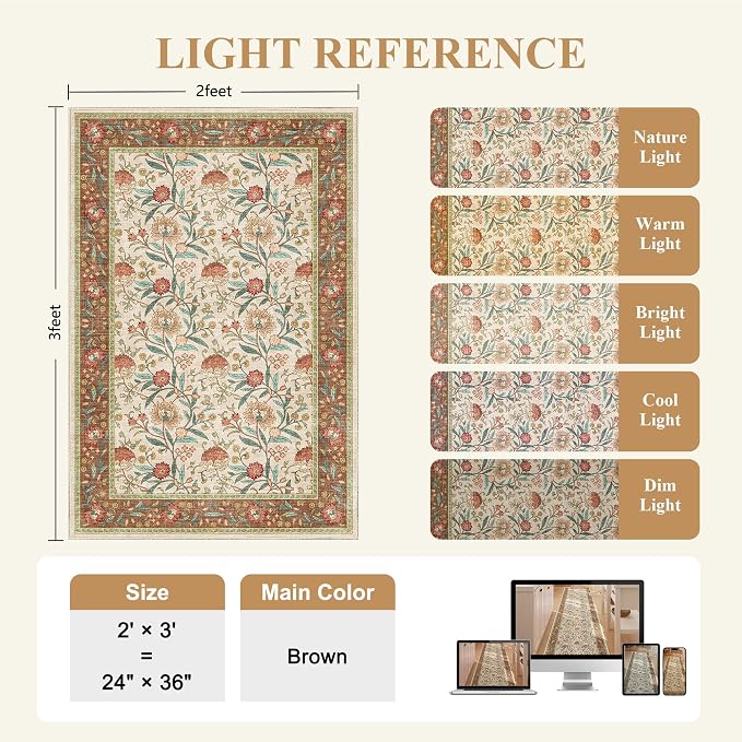 DUKINO 2x3 Rug, Washable Vintage Floral Bathroom Rugs Non Slip, Brown | Low Pile, Stain Resistant Boho Soft Indoor Door Mat, Small Front Door Carpet for Entryway Kitchen Laundry Bedroom Farmhouse