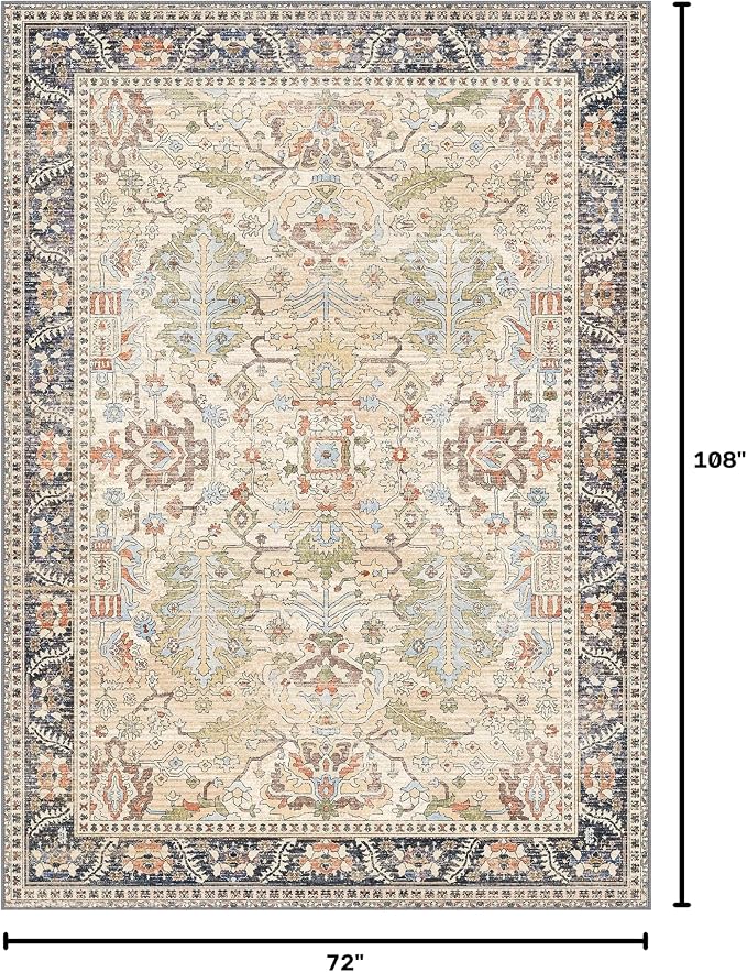 Bavni 6x9 Area Rugs Boho Washable Rugs for Living Room Non-Slip, Ultra Thin Low Pile Vintage Rug for Bedroom Dinning Room Office, Modern Farmhouse, Ivory/Teal