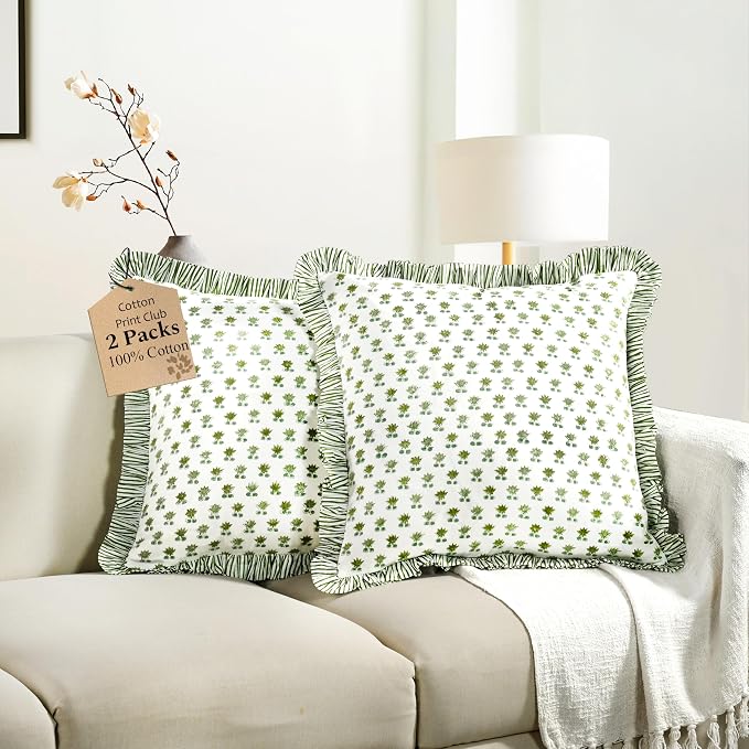CPC Lotus Meadow Hand Block Print 100% Cotton Ruffle Throw Pillow Cover 18x18 inch with Hidden Zipper Decorative for Couch, Bed, Sofa, Farmhouse, Cottagecore Decor Gift Christmas Fall Thanksgiving