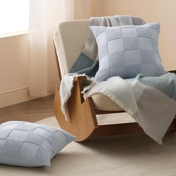 Double Stitch Checkered Throw Pillow Covers - 100% Cotton Set of 2 Tufted Boho Decorative Pillow Covers 20x20, Made in India, Square Cushion Case, Modern Home Decor for Couch, Sofa, Arctic Blue