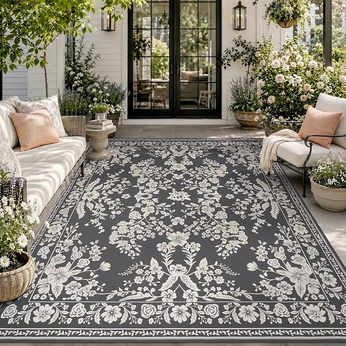 AMOAMI-Outdoor Rug-Patio Rug 8x10 ft Quick Dry Machine Washable Flatweave Textured Outdoor Carpet with Rubber Particles Backing Indoor Outdoor Rugs for Patio Deck Front Porch Balcony Greyish Black