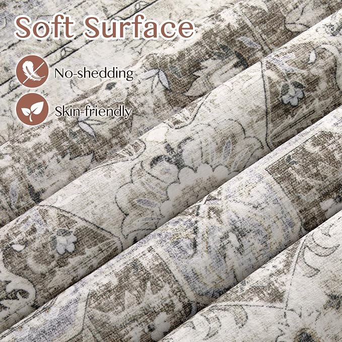 Tortania 10' Round Area Rug Living Room Rugs - Washable Boho Rug Vintage Oriental Distressed Farmhouse Large Thin Indoor Carpet for Bedroom Under Dining Table Home Office - Brown Blue