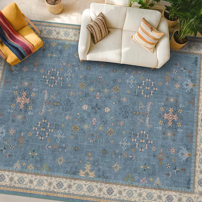 Hazo Haus Boho 7x10 Accent Area Rugs for Living Room - Dusky Blue Rug for Bedroom Under Bed, Dining Room Under Kitchen Table, Washable Soft Non Slip Unique Colorful Indoor Décor