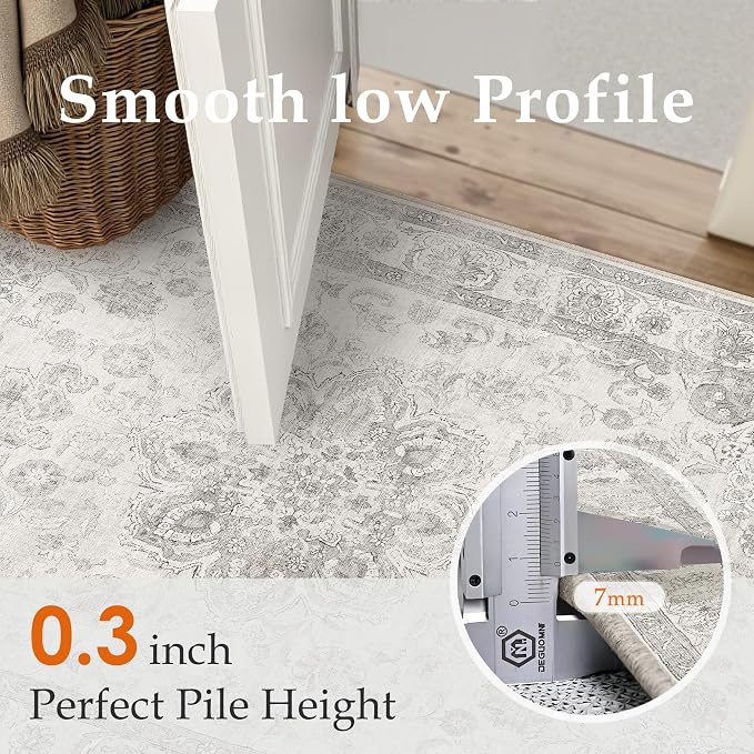 PureCozy Gray Area Rug 5x7 Washable Vintage Living Room Office Carpet Non Slip Soft Low Pile Distressed Medallion Indoor Floor Grey Retro Throw Rug for Kitchen Bedroom Dining Room