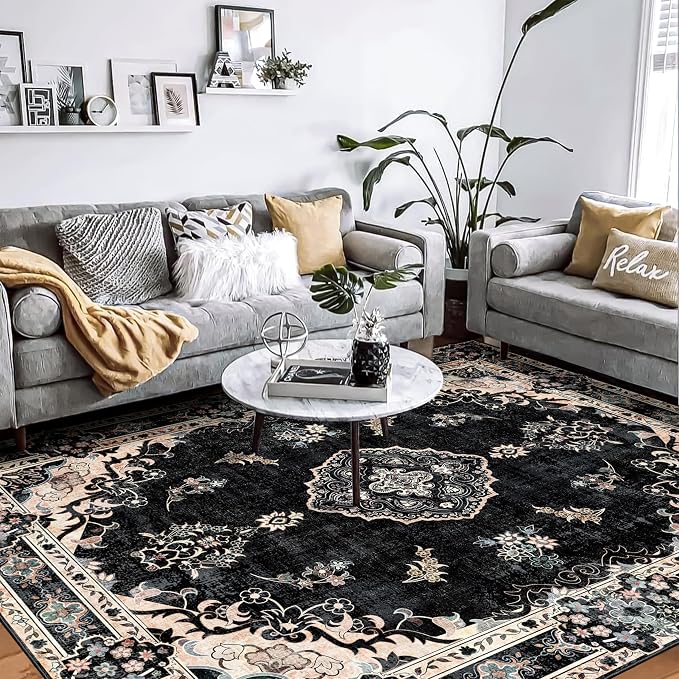 MUJOO Black Washable Rug 8x10 Area Rugs Non Slip Low-Pile Floral Large | Machine Washable Throw Carpet for Living Room Bedroom Dining Room Boho Soft Floor Indoor Vintage Bohemian Flowers