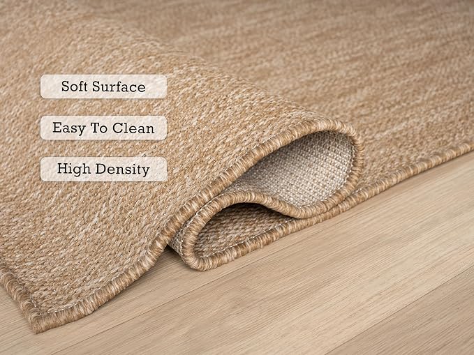 Angela Easy Jute Indoor Outdoor Rug, 4x6 Neutral Solid Jute Look, Polyester, Durable & Easy Care Outdoor Farmhouse Carpet for Patio, Porch, Living Room (4' x 6', Natural)