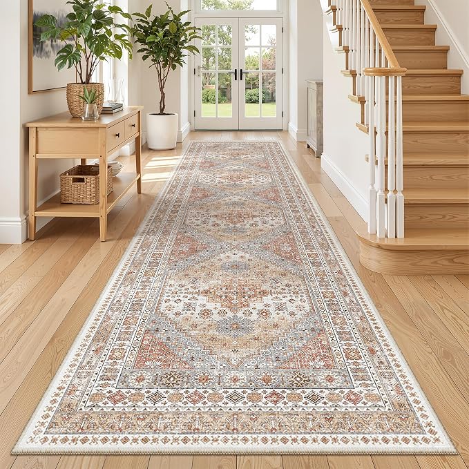 zesthome 3x12 Runner Rug for Hallway, Non-Slip Long Bathroom Rugs Runner for Kitchen, Bedroom, Soft Vintage Abstract Washable Rug for Entryway, Thin Floor Mat for Dining Room(Orange,3'x12')