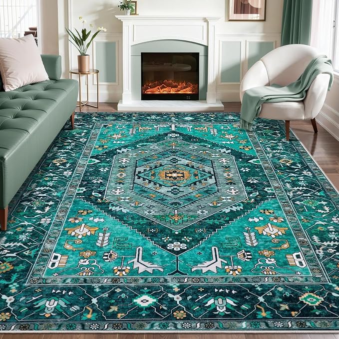 SERISSA Washable 8x10 Area Rugs Teal, Large Non-Slip Boho Living Room Rug, Ultra Soft Print Distressed Vintage Oriental Tribal Farmhouse Carpet for Dining Room Bedroom Dorm Office Home Decor