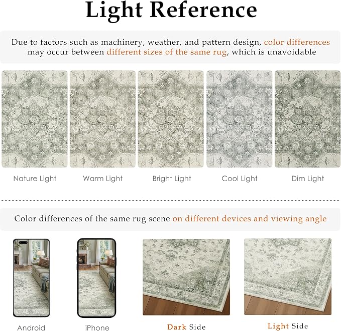 PureCozy Green Area Rug 8x10 Washable Living Room Carpet Vintage Non Slip Soft Bedroom Indoor Office Retro Low Pile Thin Oriental Medallion Large Rug for Dining Room Playroom