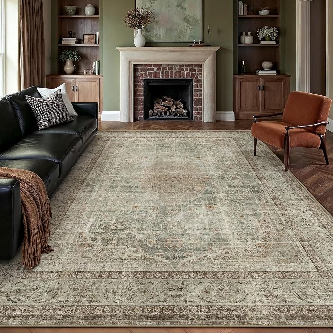 PureCozy 6x9 Area Rug Washable Sage Vintage Traditional Oriental | Non Slip, Soft Low Pile, Indoor Carpet for Living Room, Bedroom, Dining Room, Distressed Retro Decor