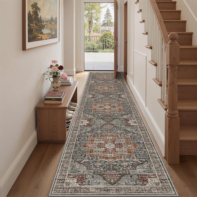Roxstand Washable 2.6x12 Runner Rug, Non Slip Hallway Rugs Grey/Brown/Tan | Low Pile Rug with Stain Resistant Surface, Vintage Kitchen Runner for Kentryway, Living Room, Bedroom and Home Decor