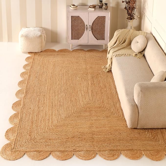 Scalloped Natural Jute Area Rug 6x9ft Handwoven Natural Living Room Bedroom
