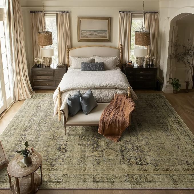 Boho Washable 8x10 Area Rugs for Living Room, Cushioned, Dark Green | Vintage Non-slip Neutral Oriental Rugs for Bedroom Dining Room Nursery Office High Traffic Area