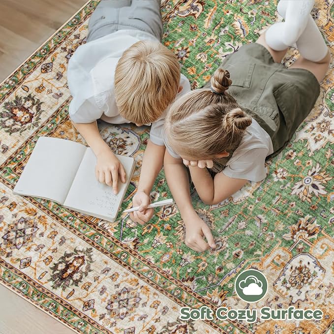 Area Rug 8x10 Washable Rug, Vintage Boho Medallion Rugs Non-Slip Soft Low Pile Large Distressed Rug Indoor Retro Carpet for Living Room Bedroom Dining Room Home Office (Vintage Green, 8'x10')