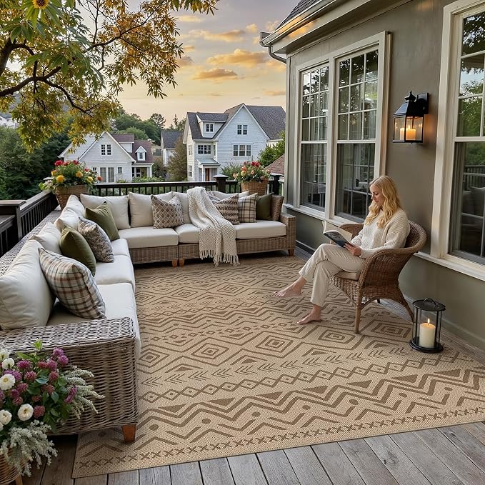 PureCozy 8x10 Easy Jute Outdoor Rug Brown Boho Indoor Outdoor Area Rug Farmhouse Patio Carpet for Backyard, Patio, Porch, Living Room，Easy-Cleaning, High Traffic, Pet-Friendly, Non-Shedding
