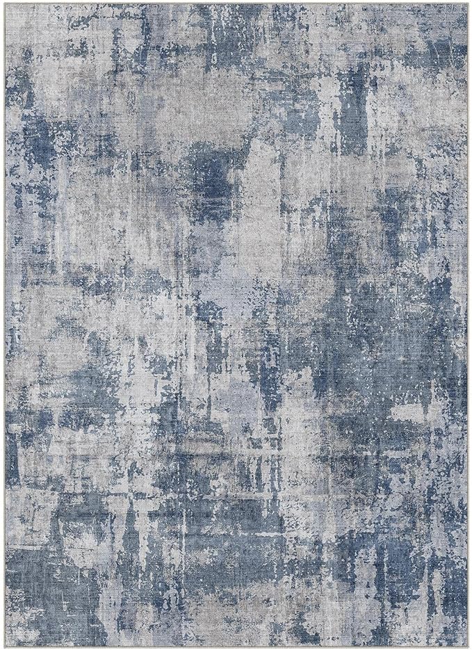 DMOYEST 10x12 Area Rug for Living Room, Washable & Non Slip Large Indoor Carpet, Kid & Pet Friendly Soft Thin Low Pile Abstract Rug for Bedroom and Office - Dark Blue