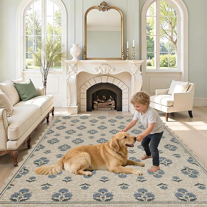 ORTIGIA Scalloped Easy Jute 5x7 Area Rug Vintage Blue Block Floral Farmhouse Washable Rug Non-Slip Indoor Outdoor Carpet for Living Room Bedroom Patio Entryway