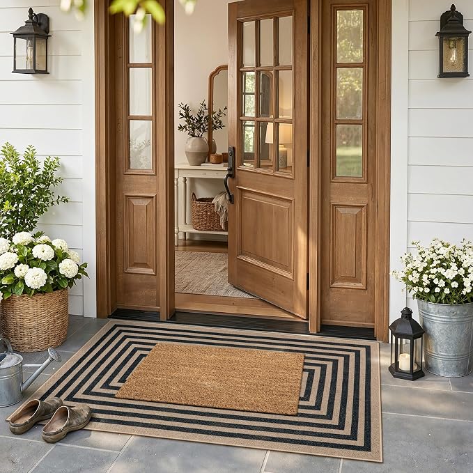 Lahome Enfys Modern Geometric Easy Jute Outdoor Rug, 3x5 Black Washable Kitchen Rugs for Bedroom Thin Non Slip Indoor Door Mat, Non Slip Farmhouse Carpet for Office Patio