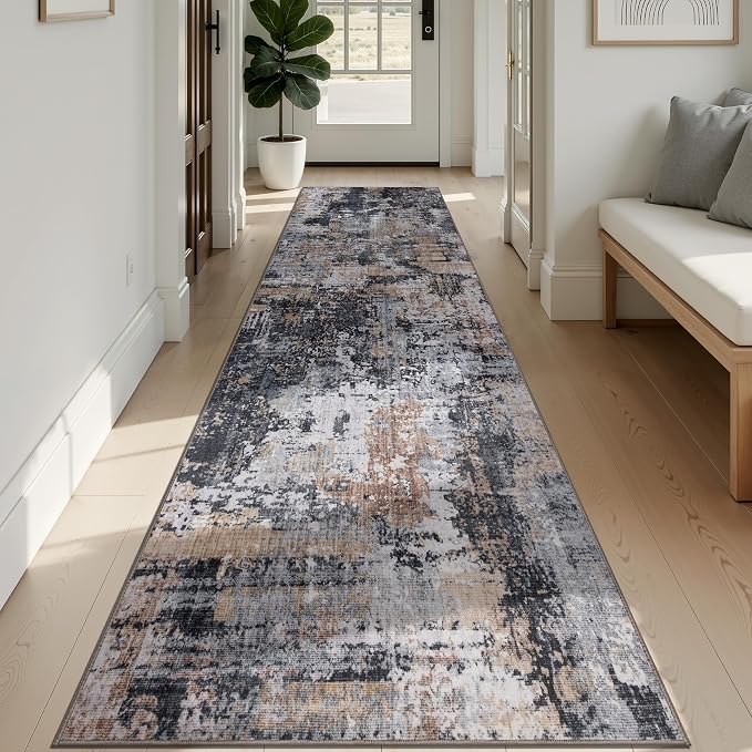 Sasttie 2x12 Soft Runner Rug for Entryway, Modern Abstract Washable Carpet for Hallway, Kitchen and Laundry Room, with Non-Slip Backing, Black and Cream
