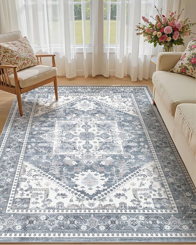 5x7 Vintage Area Rug: Washable Neutral Soft Non Slip Thin Large Floor Carpet for Living Room Bedroom Kitchen Dining Room Home Office Farmhouse Indoor - Blue