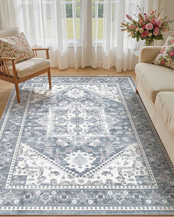 5x8 Vintage Area Rug: Washable Neutral Soft Non Slip Thin Large Floor Carpet for Living Room Bedroom Kitchen Dining Room Home Office Farmhouse Indoor - Blue