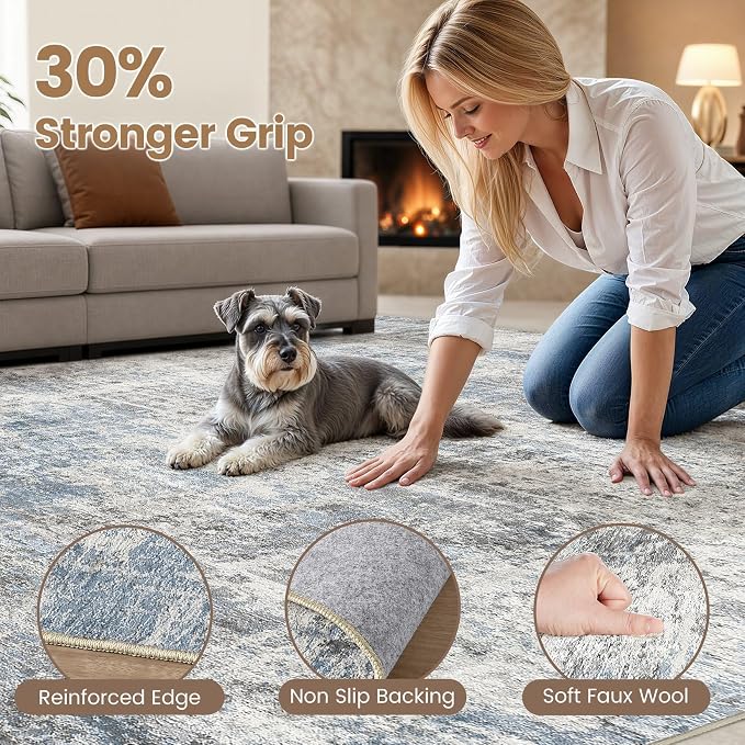 Washable 5x7 Area Rug for Living Room - Modern Abstract Carpet with Non-Slip Backing, Low Pile & Soft, Stain Resistant, Kid & Pet Friendly Decor for Bedroom & Dining Room - Blue Grey