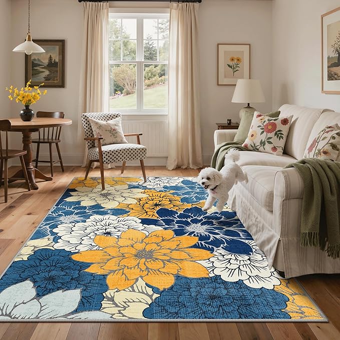 GENIMO 5x8 Outdoor Rug, Washable for Patio and Deck, Blue | Floral design for porch; fade resistant chenille with quick-dry non-slip backing for indoor sunroom