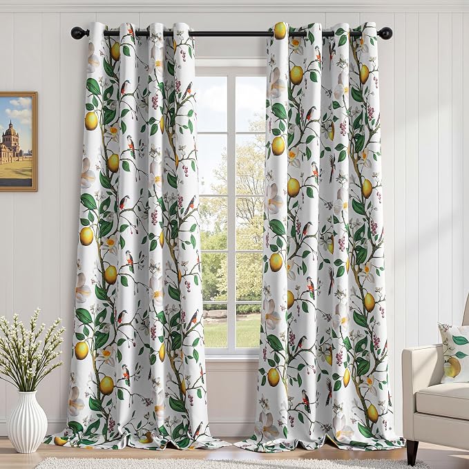 MYSKY HOME Floral Curtains 95 Inch Long for Living Room Vintage Farmhouse Room Darkening for Dining Room Bedroom Lemon Hummingbird Patterned Thermal Insulated Drape, 2 Pcs, W52, Greyish White