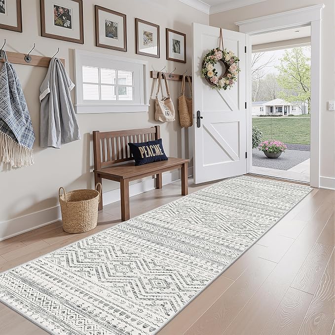 Miukiki 2x10 Runner Rug Moroccan Washable Hallway Runner Rug Non Slip Indoor Floor Kitchen Rug Foldable Carpet for Bathroom Laundry Room with Low Pile(Grey,2'x10')