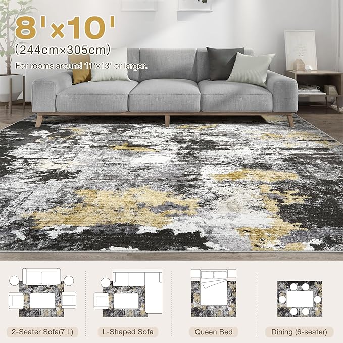 Abstract 8x10 Area Rug: Machine Washable Non Slip Ultra Thin Low-Pile Carpet, Soft Stain Resistant for Living Dining Room Bedroom, Kid Pet Friendly, Robot Vacuum Compatible - Black Gold