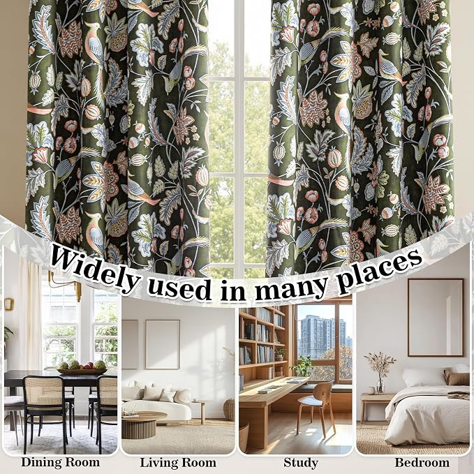 MYSKY HOME Floral Boho Blackout Bedroom Curtains 63 inch Long Room Darkening Thermal Insulated Vintage Curtains with Patterned Bird Design Grommet Drapes for Home Decor,2 Panels, 52" x 63", Green