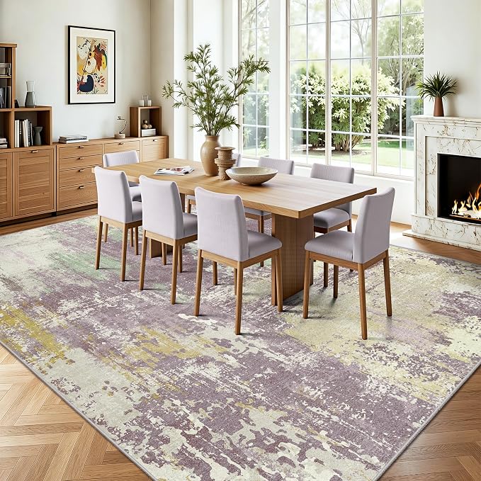 8x10 Rugs for Living Room - Modern Abstract Washable Rug, Ultra Soft Non Slip Low Pile Large Rugs, Floor Carpet for Bedroom Dining Room Office Laundry Nursery Home（Violet Color）