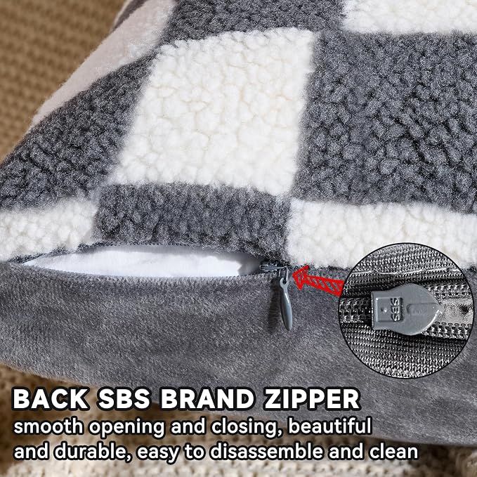 AmHoo Pack of 2 Decorative Throw Pillow Covers Checkerboard Luxury Super Soft Faux Fur Wool Set Case Cushion for Couch Sofa Bedroom 20 x 20-Inch Gray
