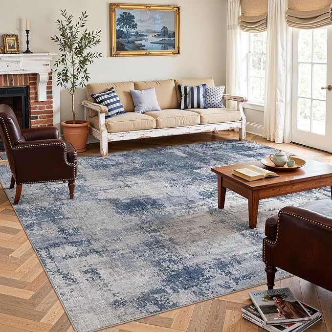 DMOYEST 10x12 Area Rug for Living Room, Washable & Non Slip Large Indoor Carpet, Kid & Pet Friendly Soft Thin Low Pile Abstract Rug for Bedroom and Office - Dark Blue