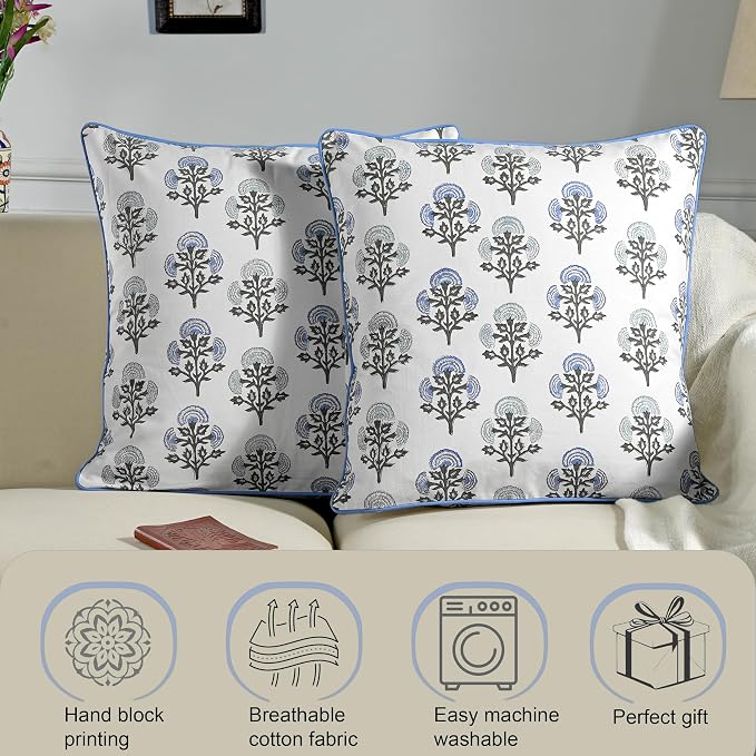 Ridhi Block Print Mughal Buta Blue Pillow Cover 18" x 18" (Pack of 2) Decorative Couch Pillows for Living Room, Farmhouse Chic Boho Cute Outdoor Pillows Covers Gifts for Spring, Mother's Day